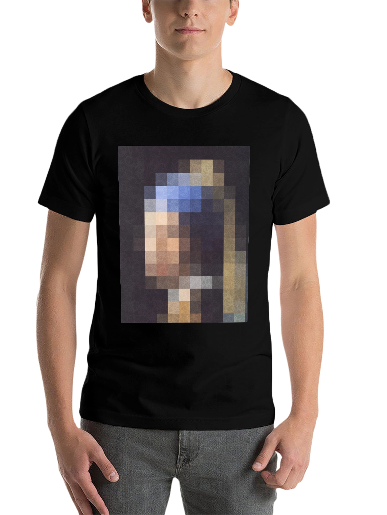 Black Pixelated Girl with a Pearl Earring T-Shirt view 7
