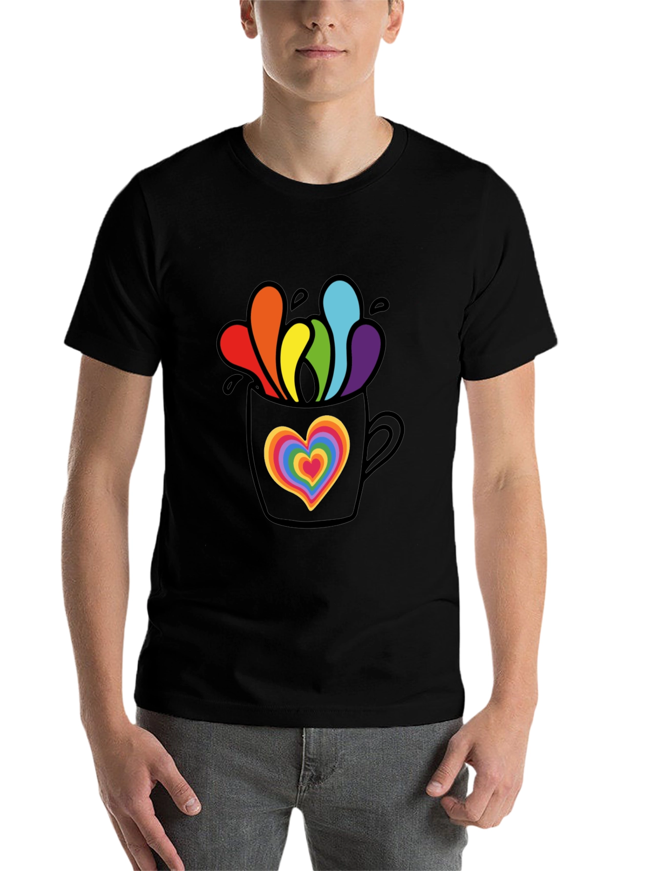 Black Rainbow Heart Mug Graphic Tee view 7