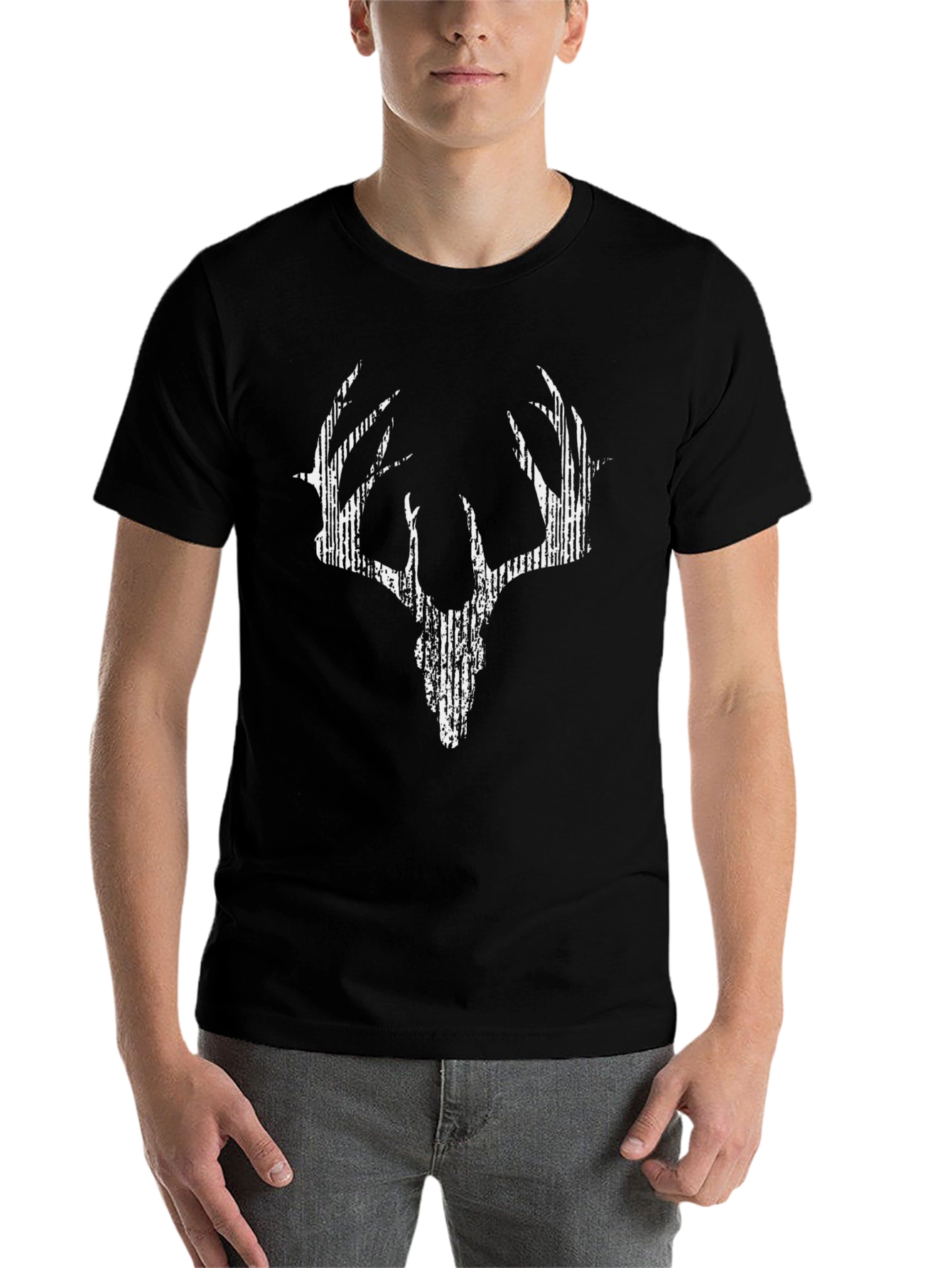 Black Graphic Deer Skull Print Tee - Casual Black T-Shirt view 7