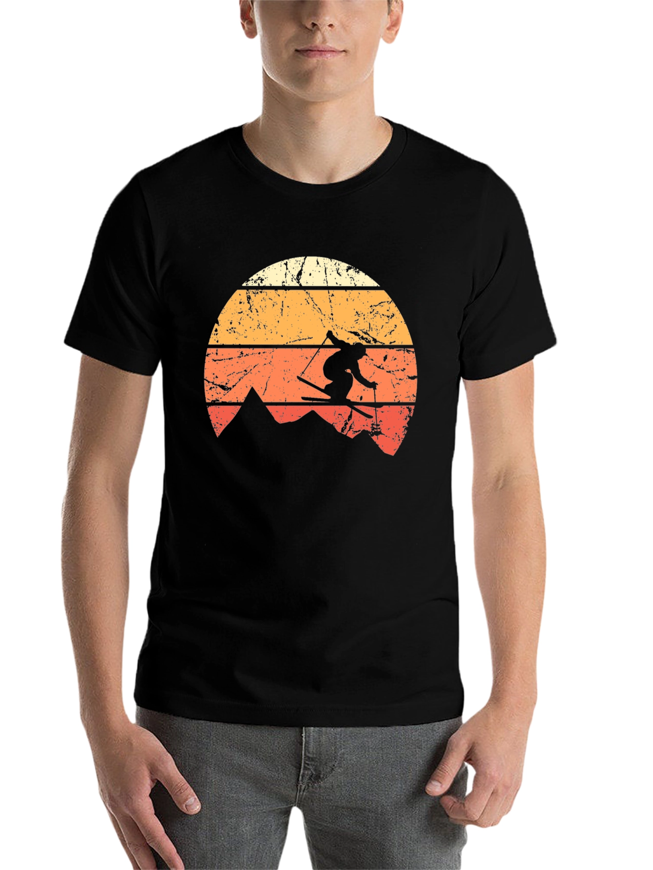 Black Retro Skiing T-Shirt - Vintage Mountain Sunset Design view 7
