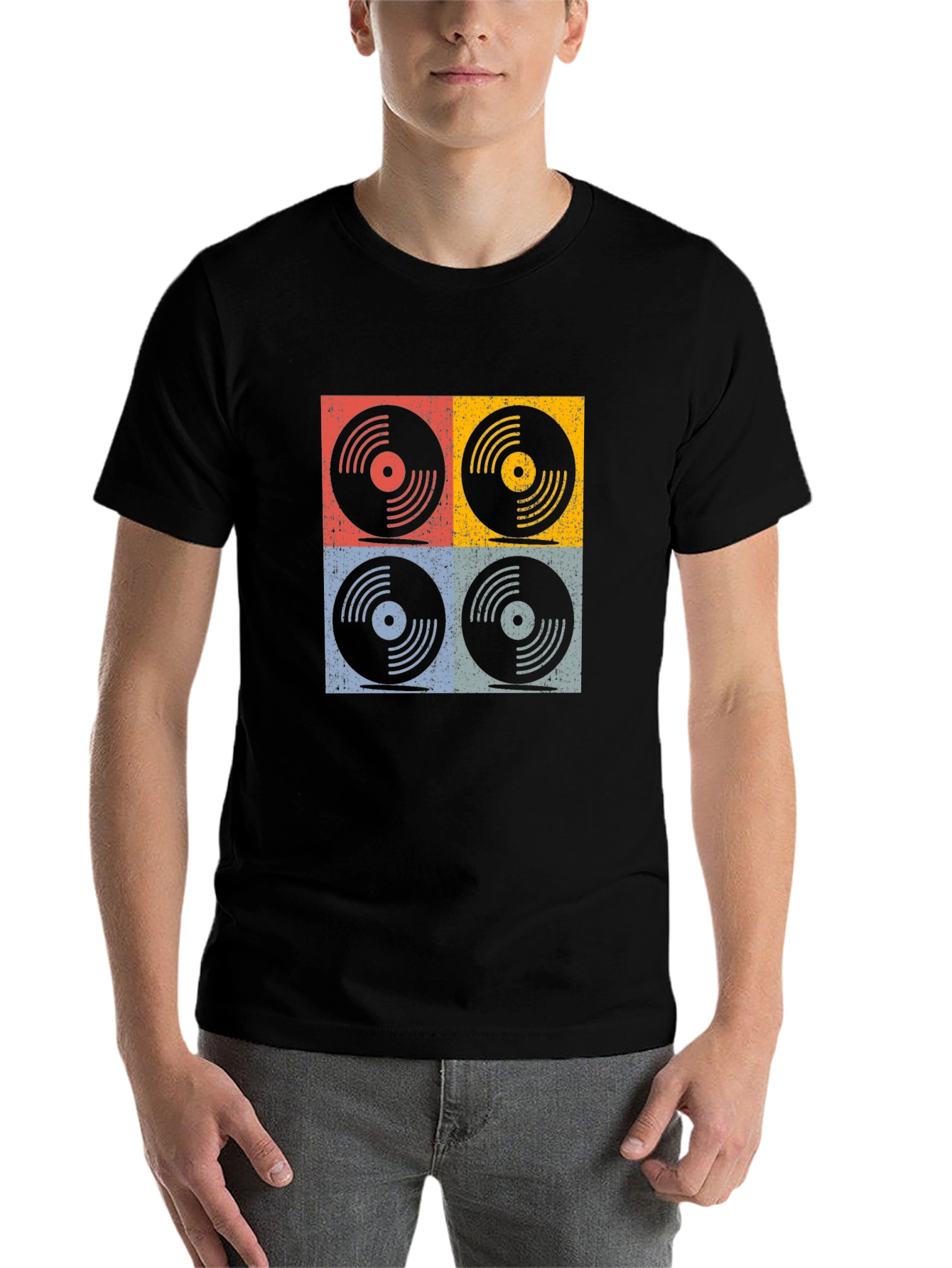 Black Retro Vinyl Record Graphic T-Shirt - Four Panel Design view 7