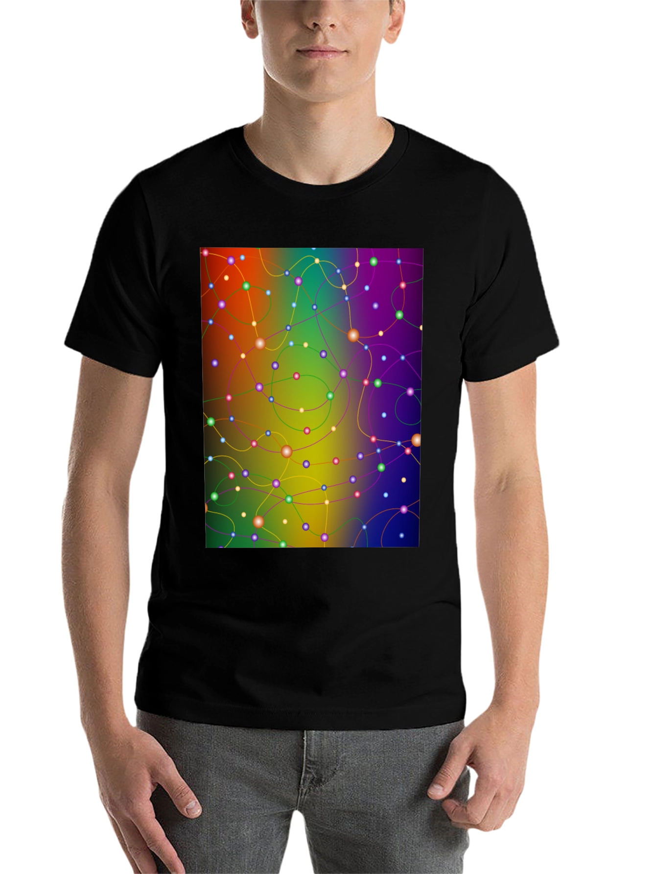 Black Abstract Network Tee - Colorful Connection Shirt view 7