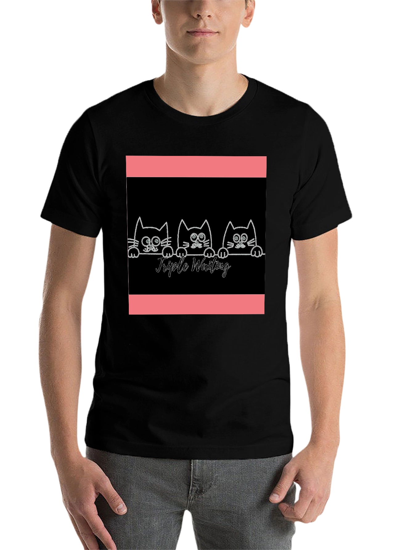 Black Triple Waiting Cats Graphic Tee - Soft Black Cotton T-Shirt view 7
