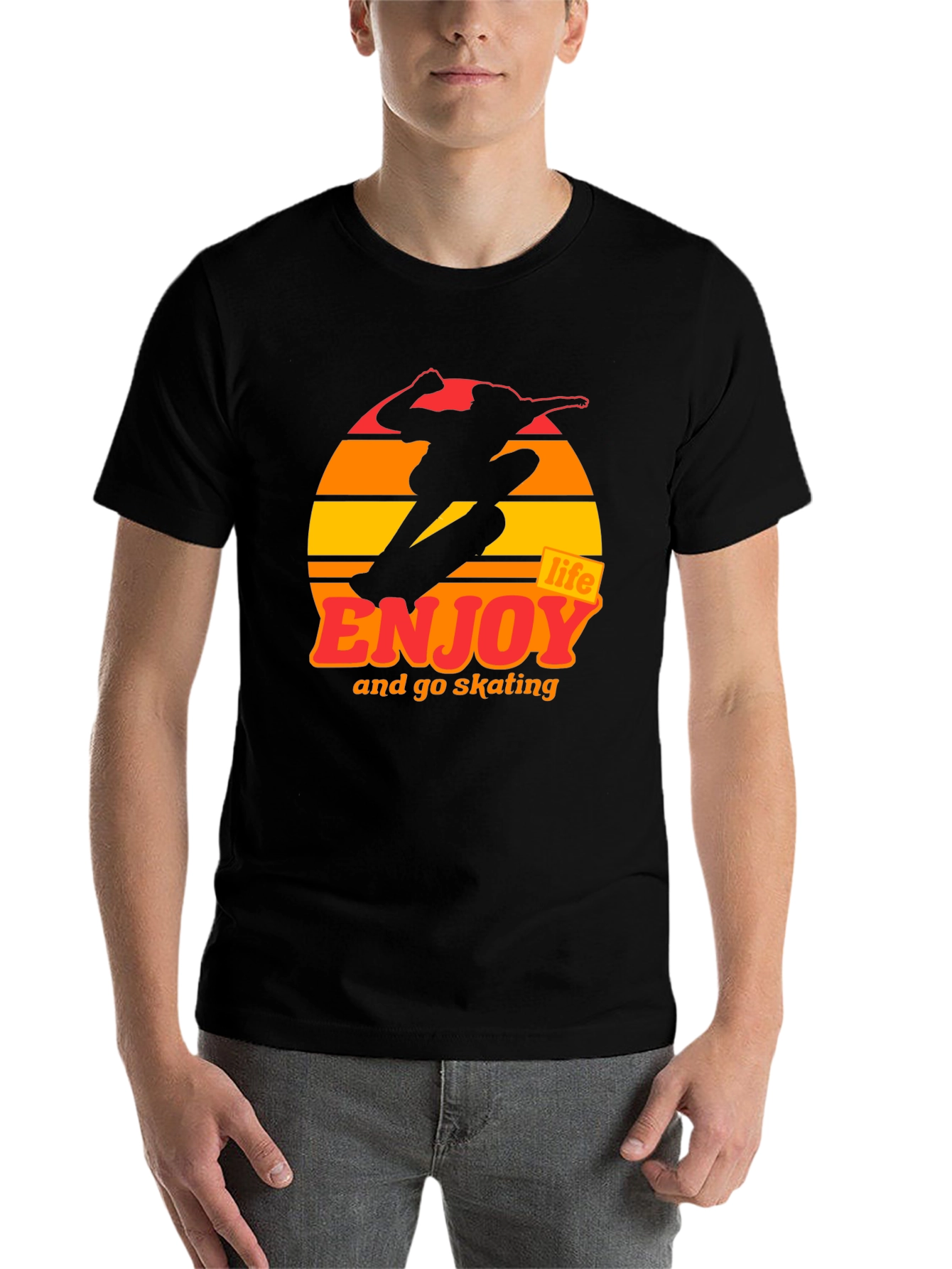 Black Enjoy Life Skateboarding T-Shirt - Retro Sunset Design view 7
