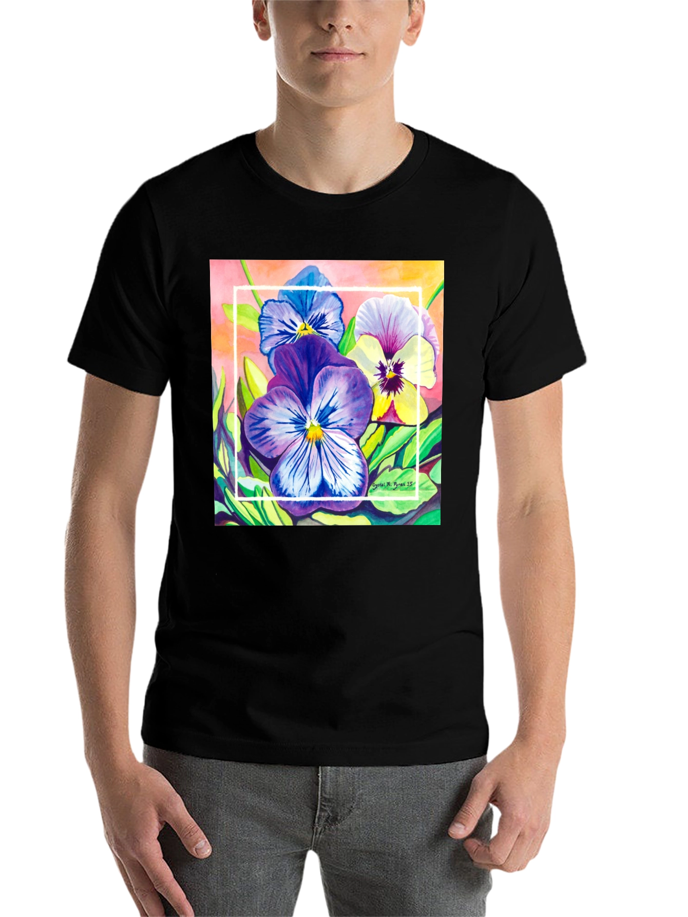 Black Floral Pansies Watercolor T-Shirt view 7