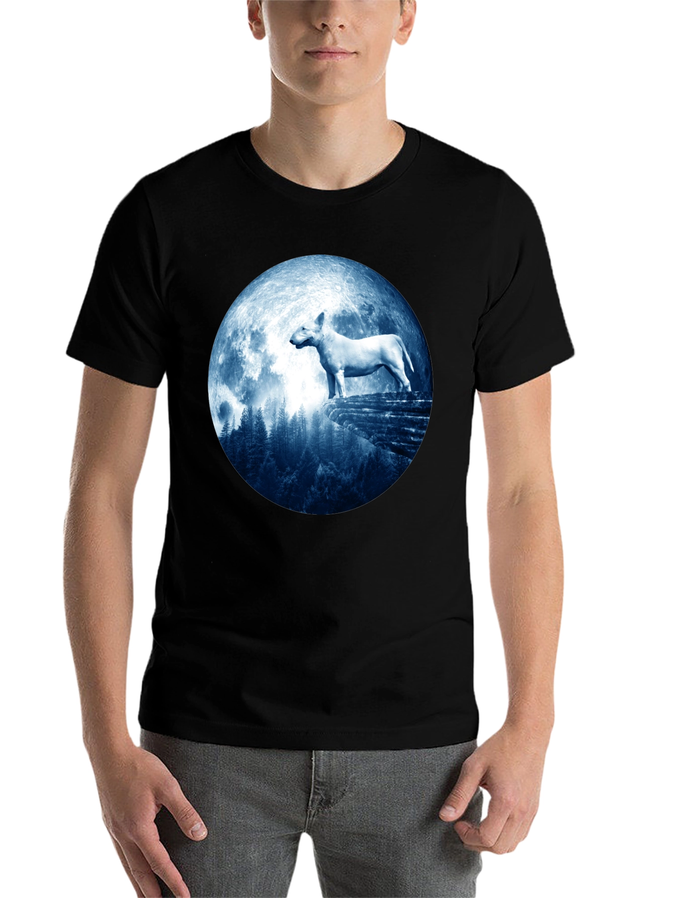 Black Bull Terrier Moon Men's Black T-Shirt view 7