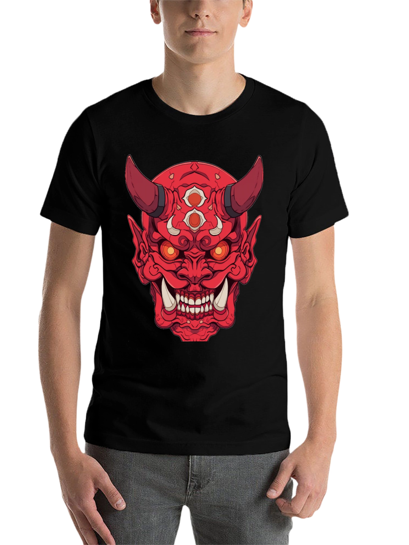 Black Red Oni Demon Graphic Print Black T-Shirt view 7