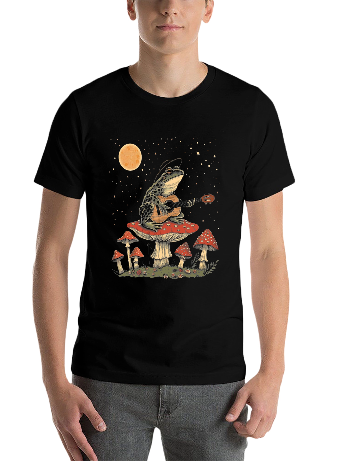 Black Frog Guitarist on Mushroom T-Shirt - Black Cotton Tee view 7