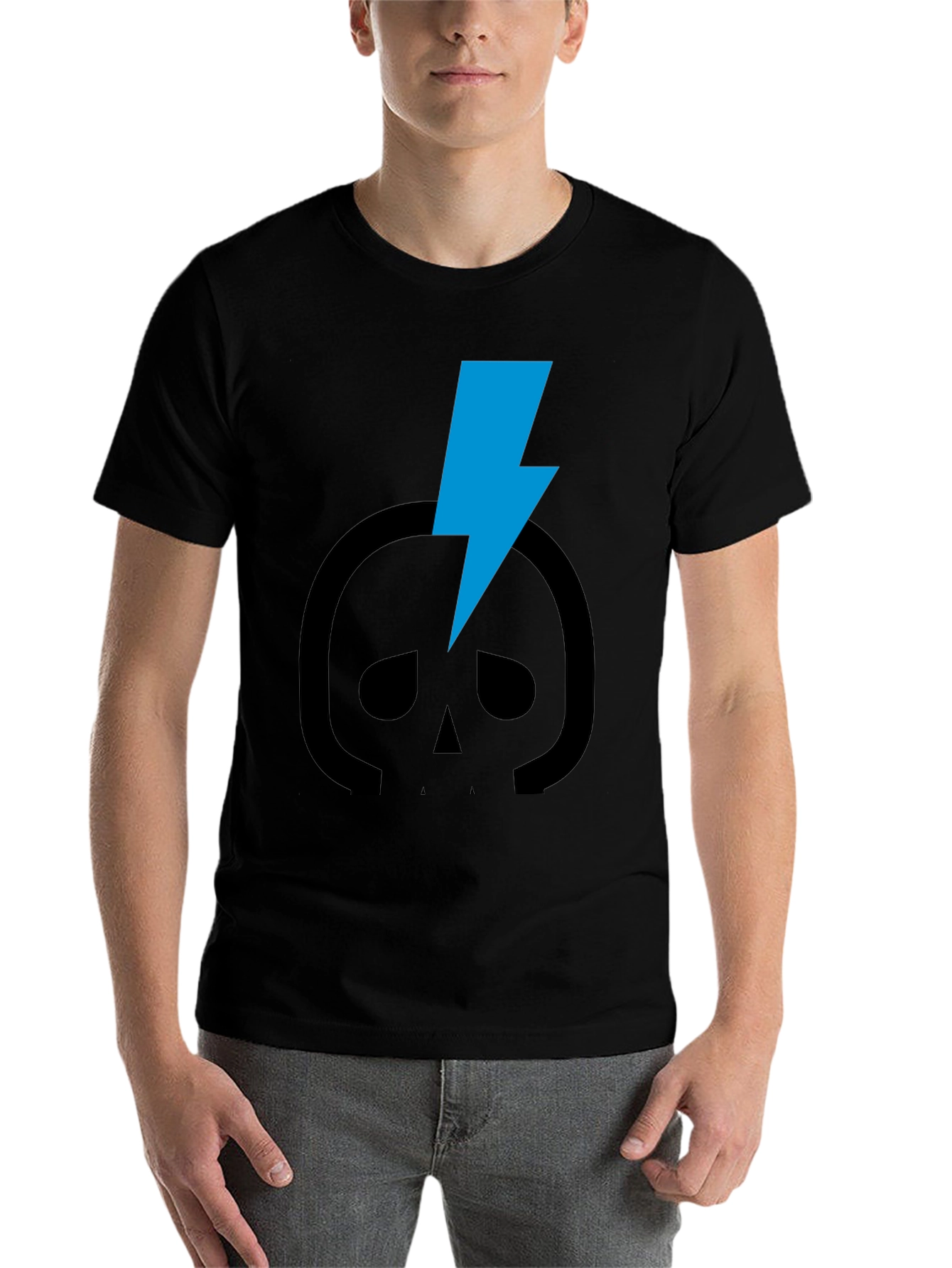 Black Skull Lightning Bolt Graphic Tee - Black Cotton T-Shirt view 7