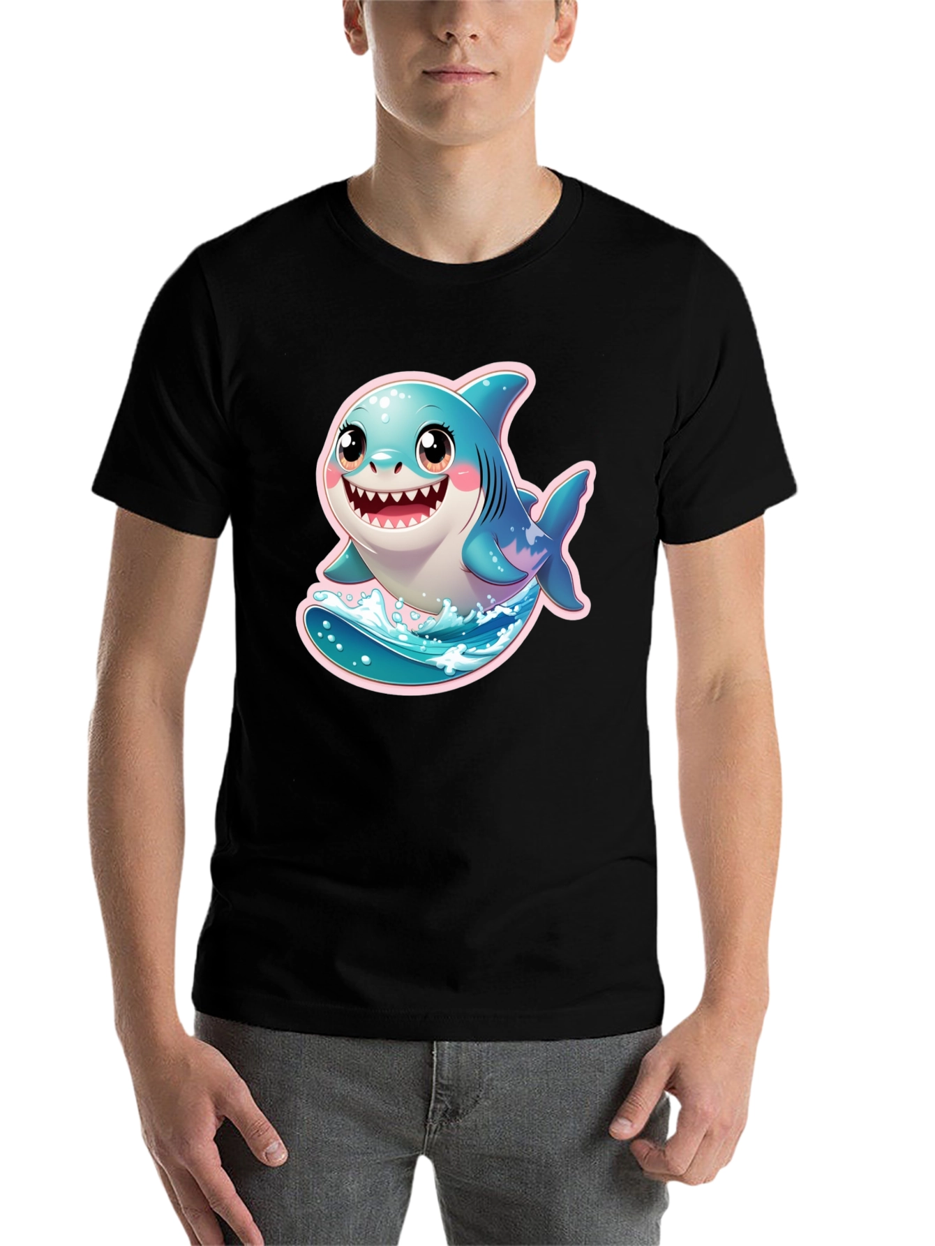 Black Cute Cartoon Shark Graphic Black T-Shirt view 7