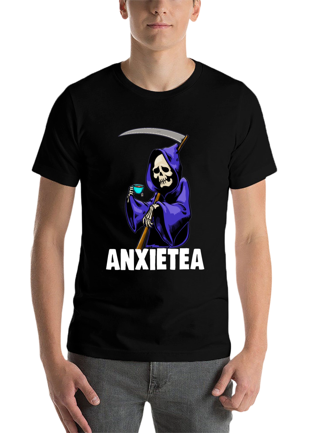 Black Anxietea Graphic T-Shirt - Grim Reaper Tea Time view 7