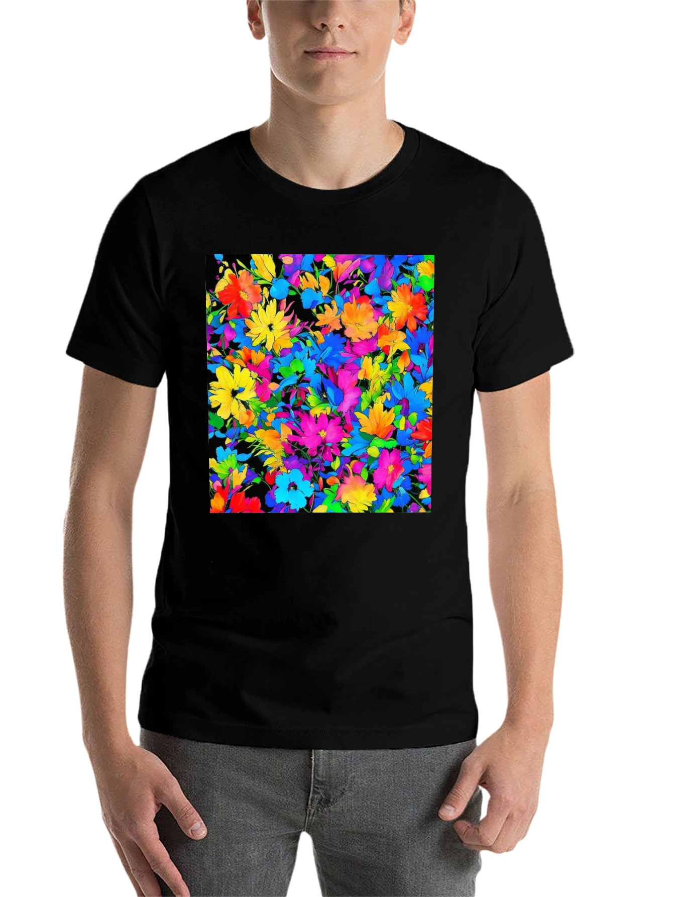Black Colorful Floral Print Men's Black T-Shirt view 7