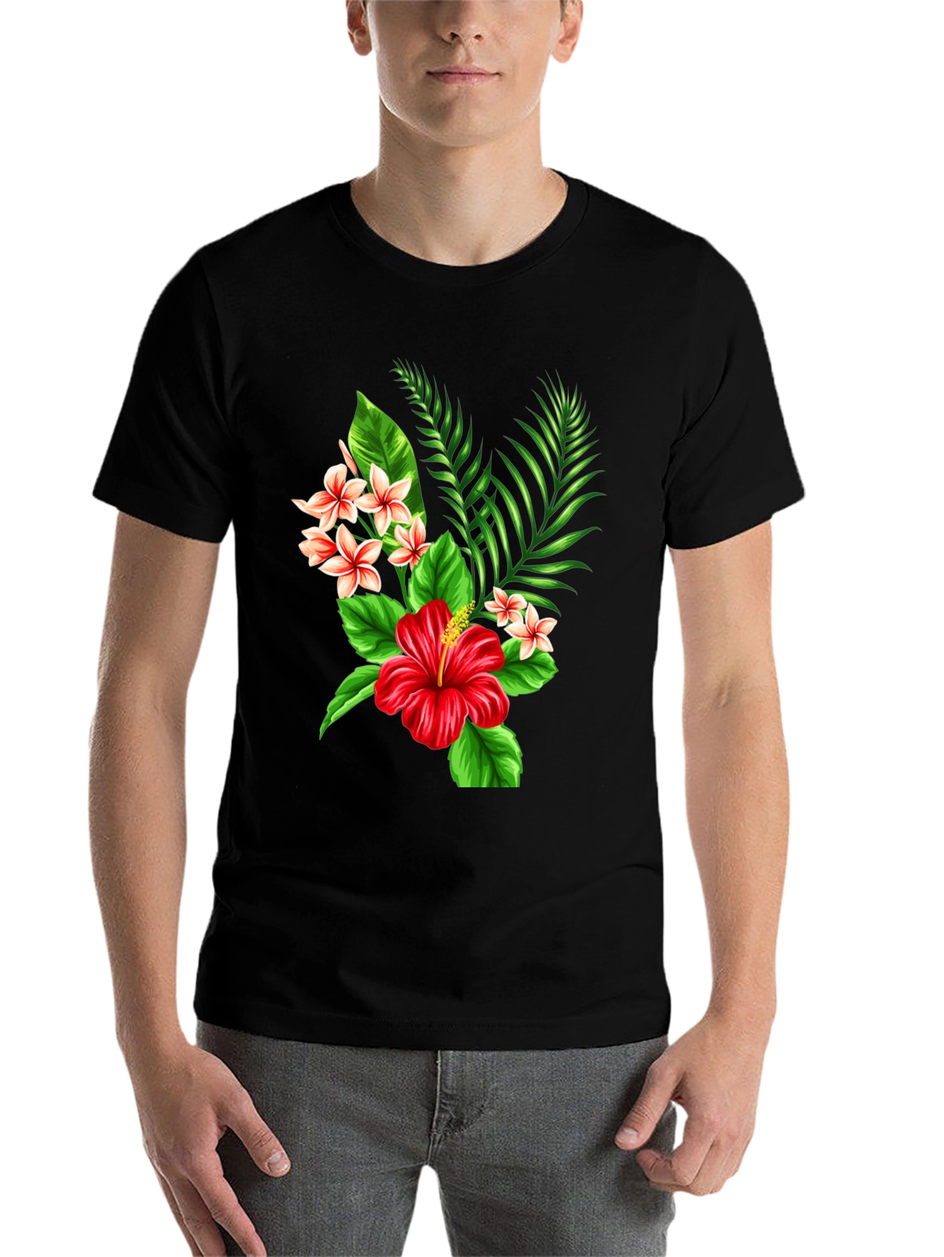Black Tropical Floral T-Shirt - Red Hibiscus & Plumeria Design view 7