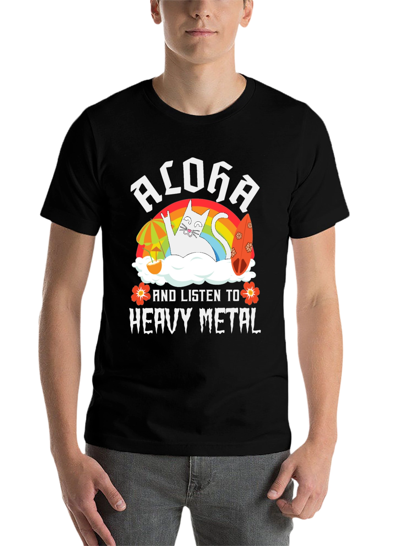 Black Aloha Heavy Metal Cat Graphic T-Shirt view 7