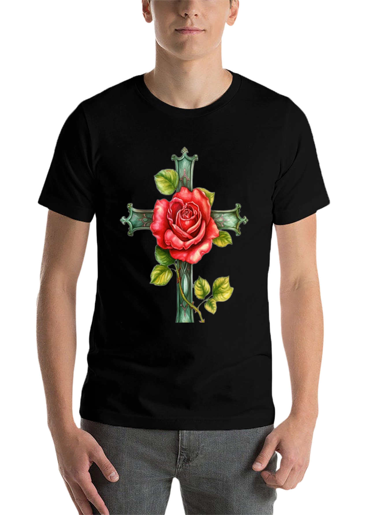 Black Rose Cross Graphic Tee - Stylish Black T-Shirt view 7