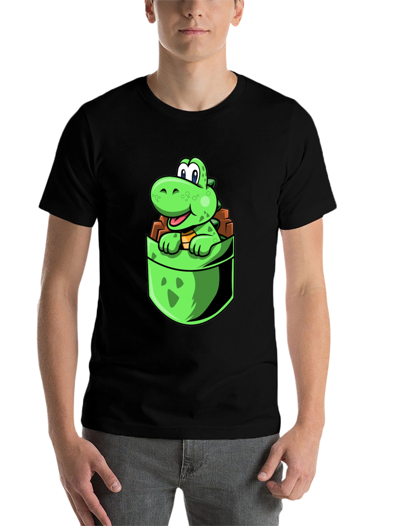 Black Dino Pocket Tee - Cute Cartoon Dinosaur Black T-Shirt view 7