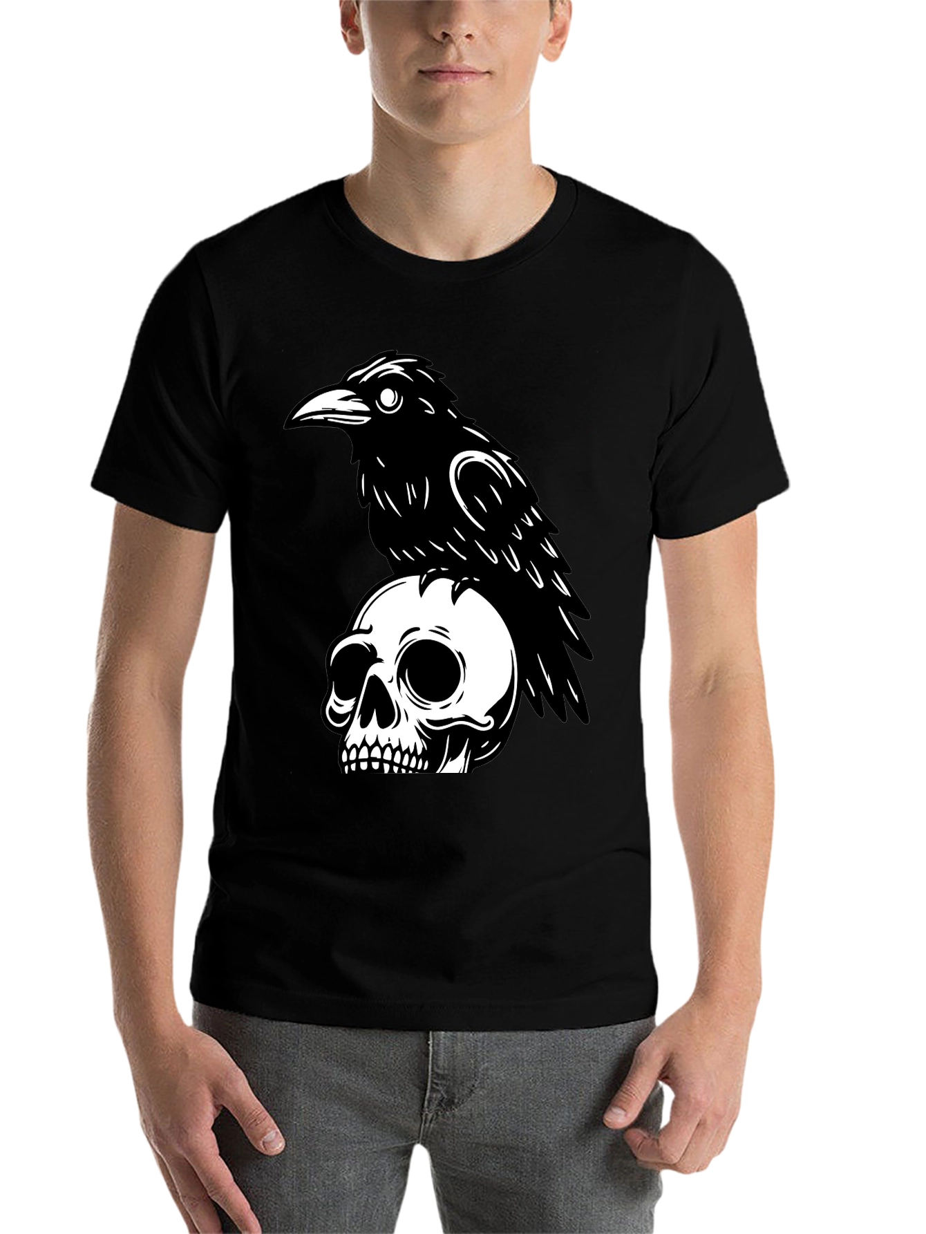 Black Raven on Skull Graphic T-Shirt - Black view 7