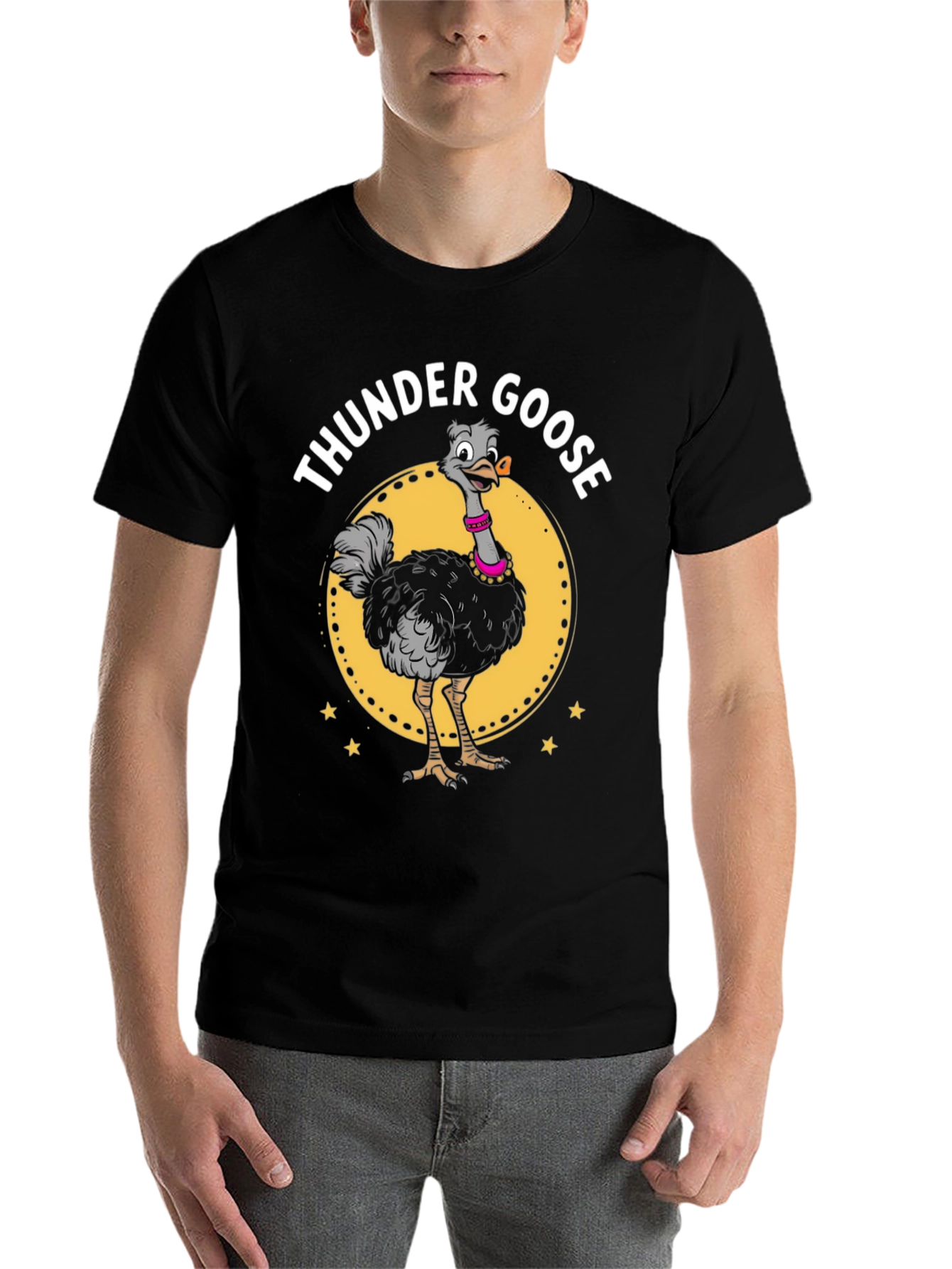 Black Thunder Goose Graphic Tee - Novelty Cartoon Ostrich T-Shirt view 7