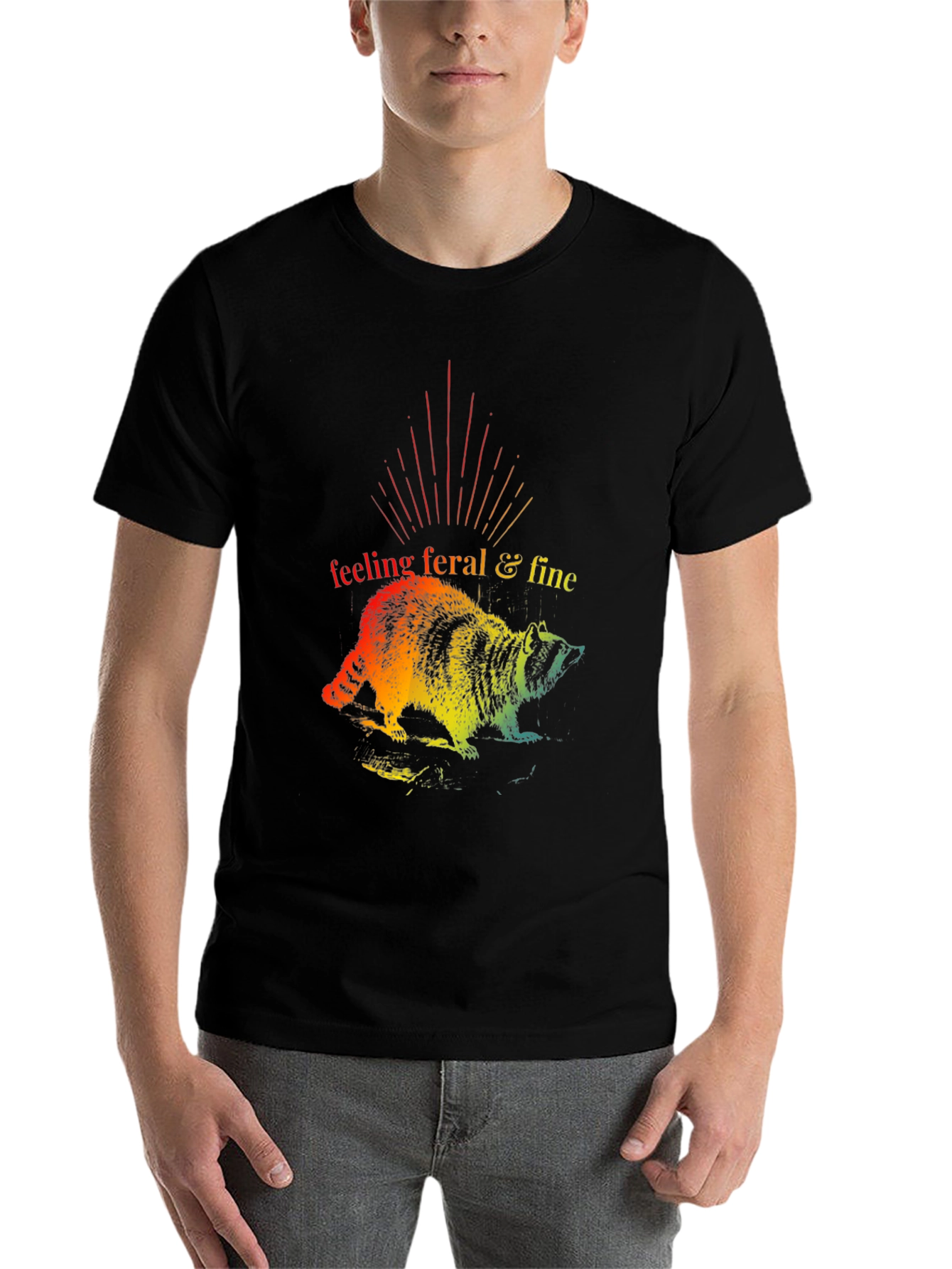 Black Feeling Feral & Fine Rainbow Raccoon T-Shirt view 7