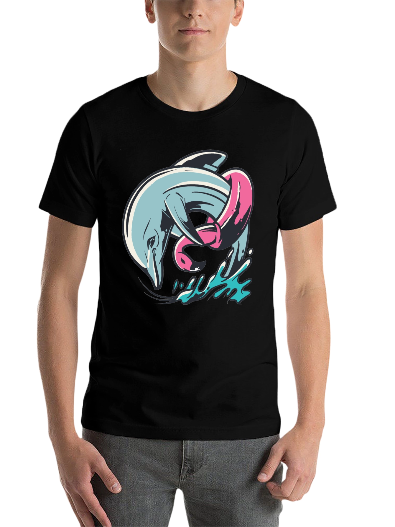 Black Dolphin & Flamingo T-Shirt - Unique Graphic Tee view 7