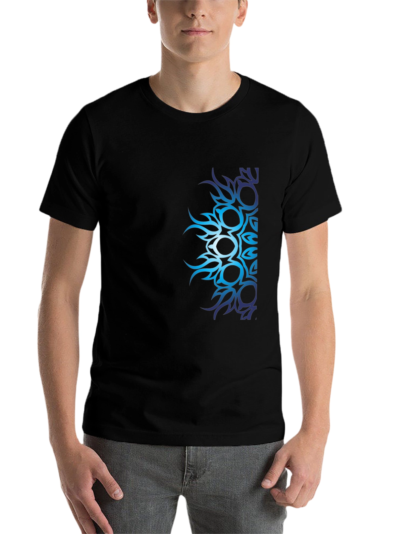 Black Men's Black T-Shirt with Blue Tribal Design view 7