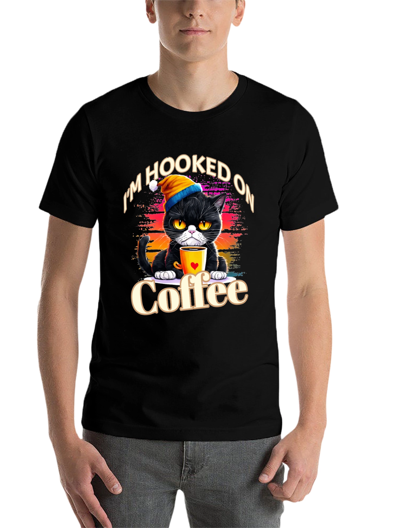 Black Hooked On Coffee Cat T-Shirt view 7