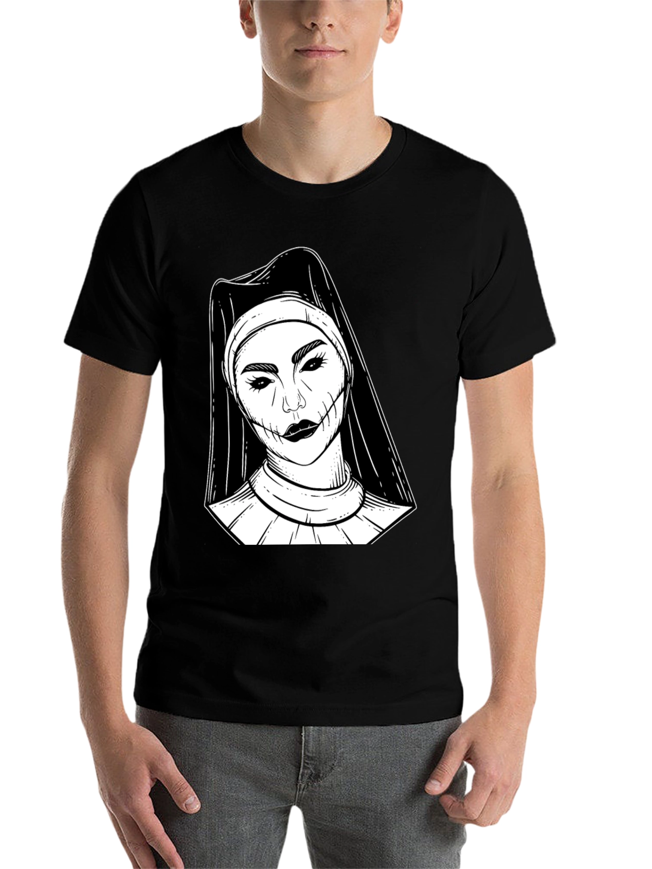 Black Creepy Nun Graphic Tee - Black Cotton Blend Shirt view 7