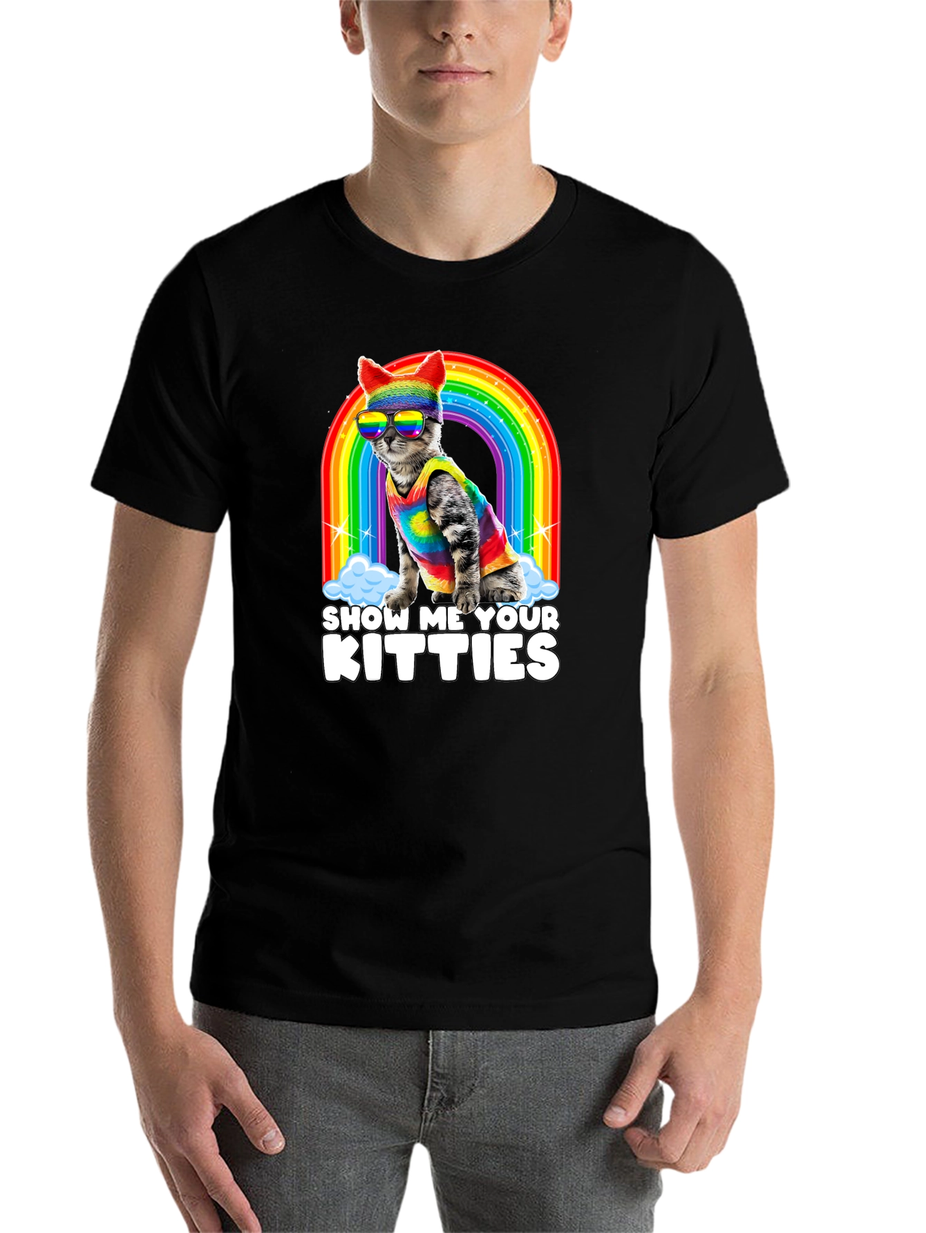 Black Show Me Your Kitties Pride T-Shirt view 7