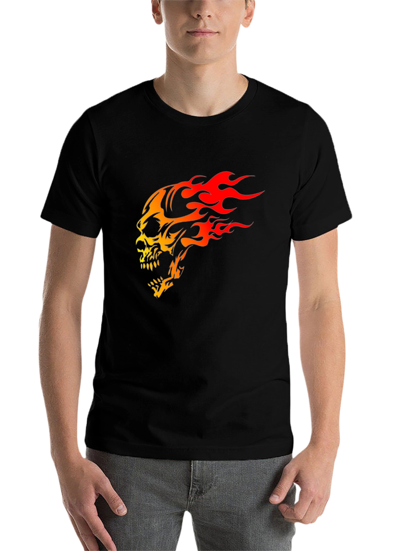 Black Flaming Skull Graphic Print Black T-Shirt view 7