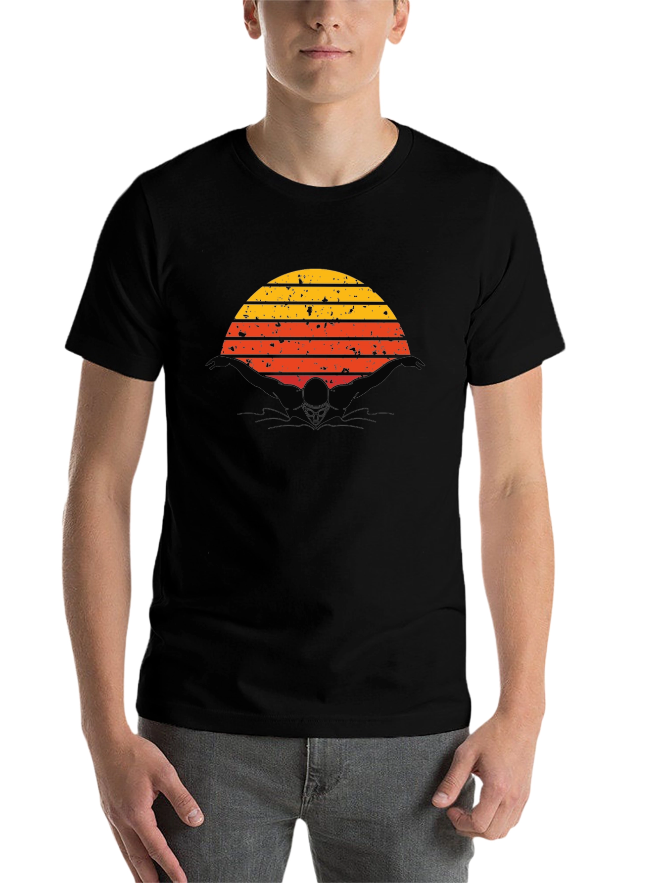Black Vintage Sunset Swimmer Black T-Shirt view 7