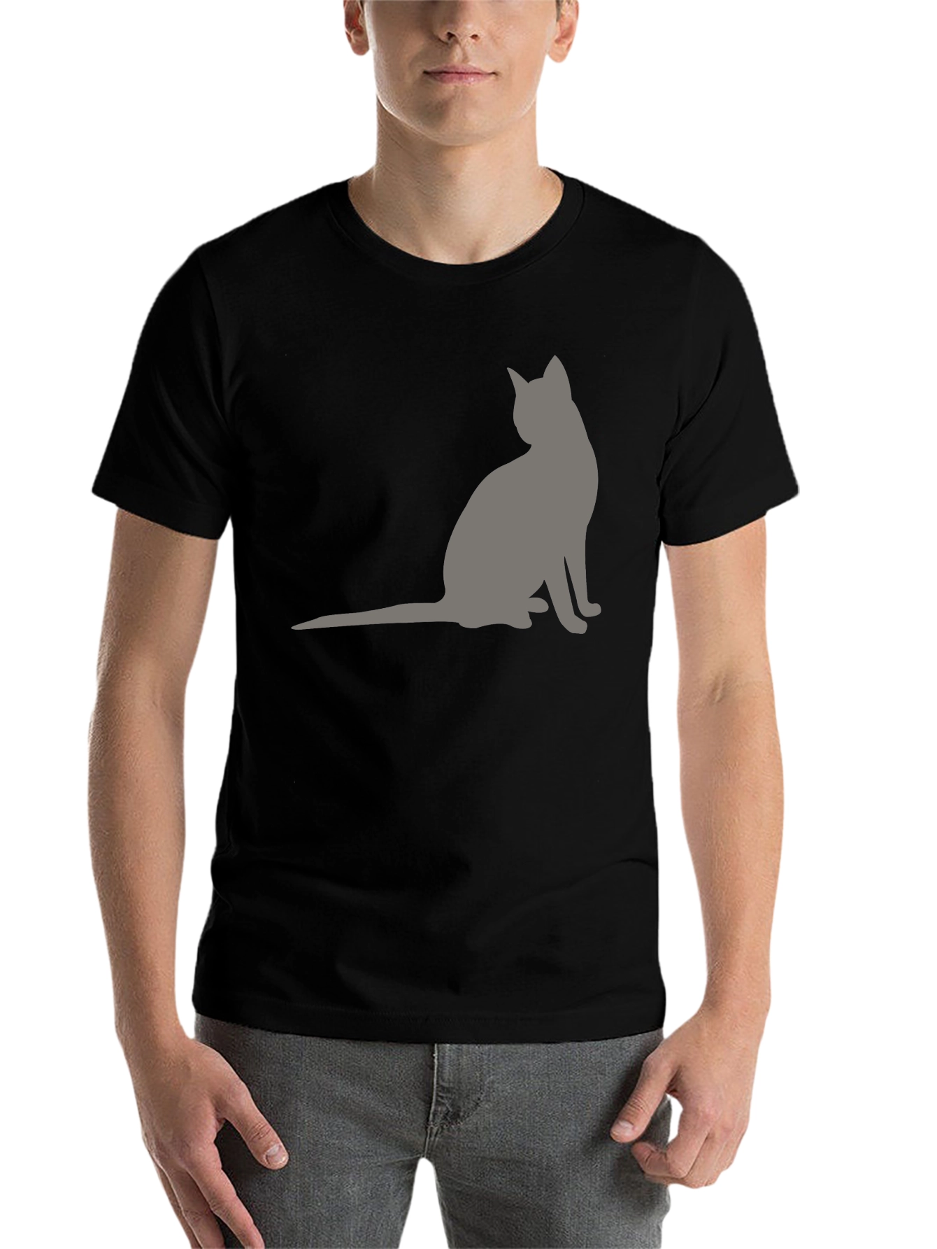 Black Men's Black T-Shirt with Grey Cat Silhouette view 7