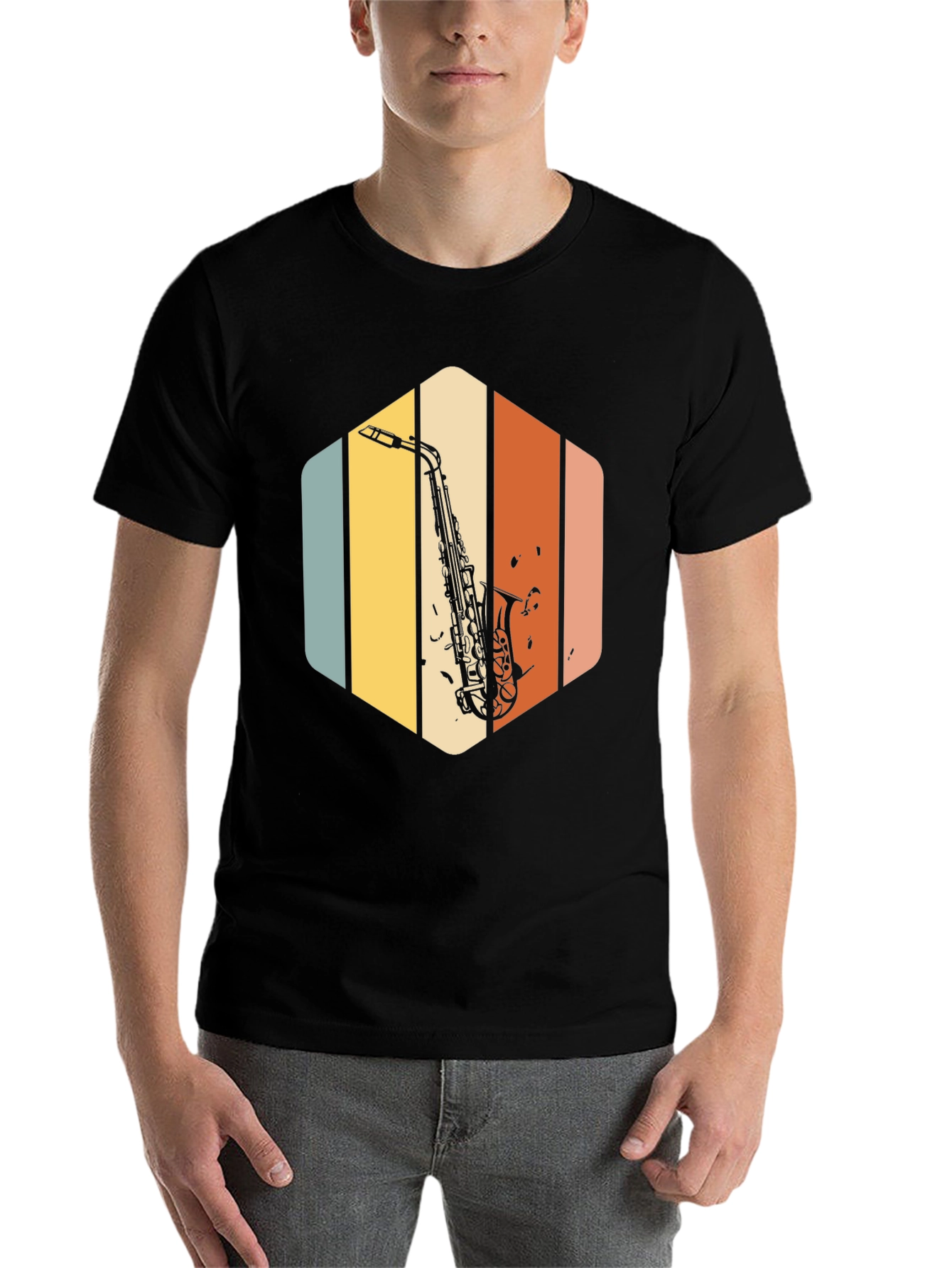 Black Retro Saxophone T-Shirt - Vintage Style Music Tee view 7