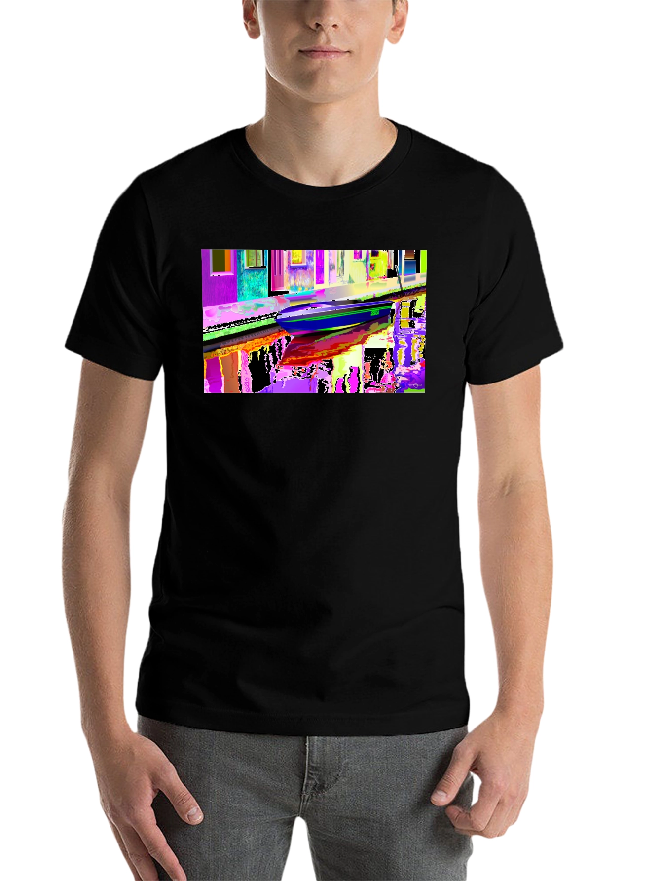 Black Colorful Venice Scene Graphic Black T-Shirt view 7