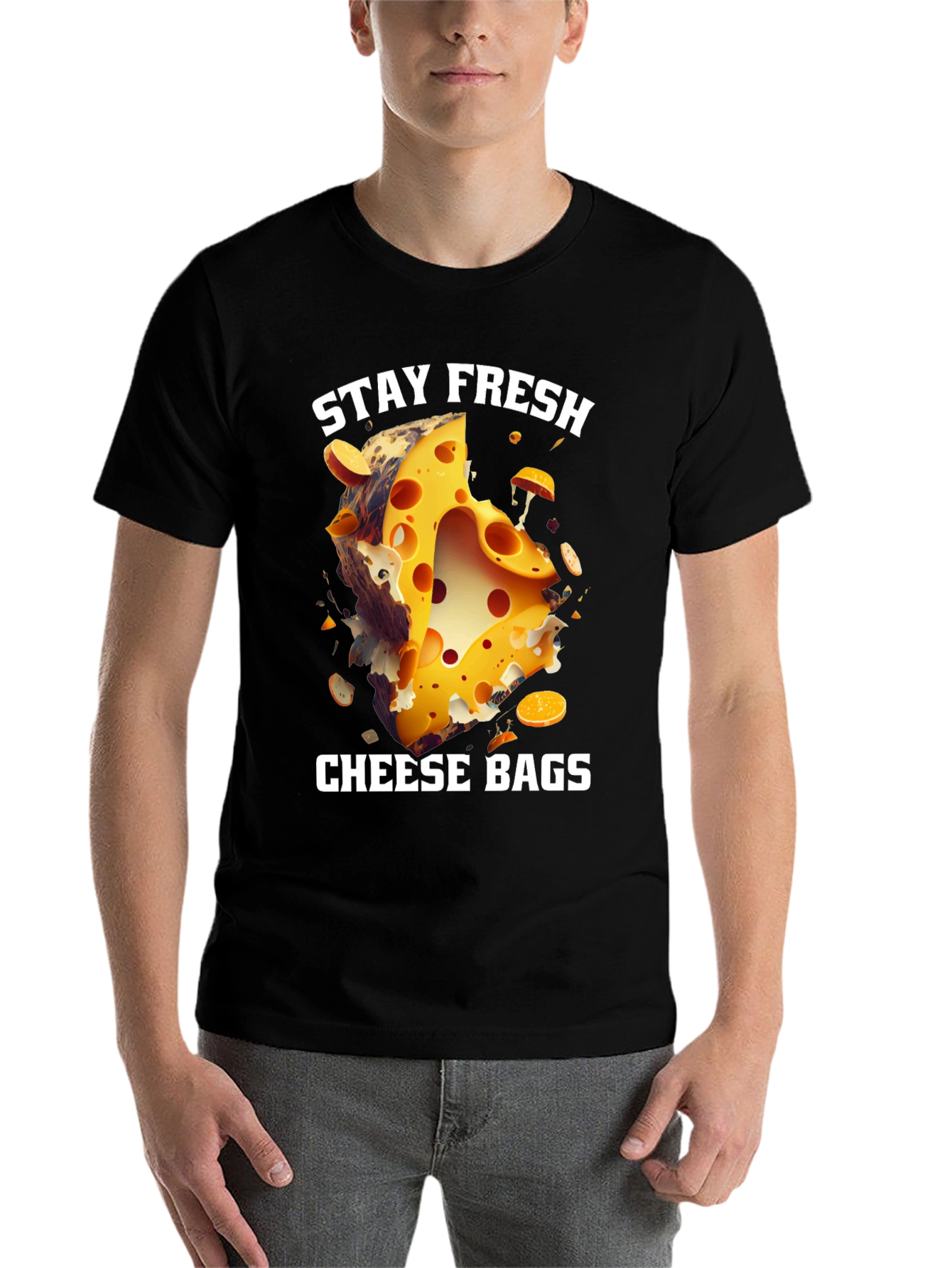 Black Stay Fresh Cheese Bags T-Shirt view 7