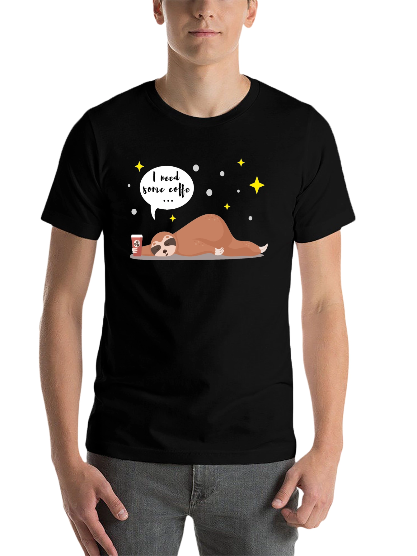 Black I Need Coffee Sloth Graphic T-Shirt view 7