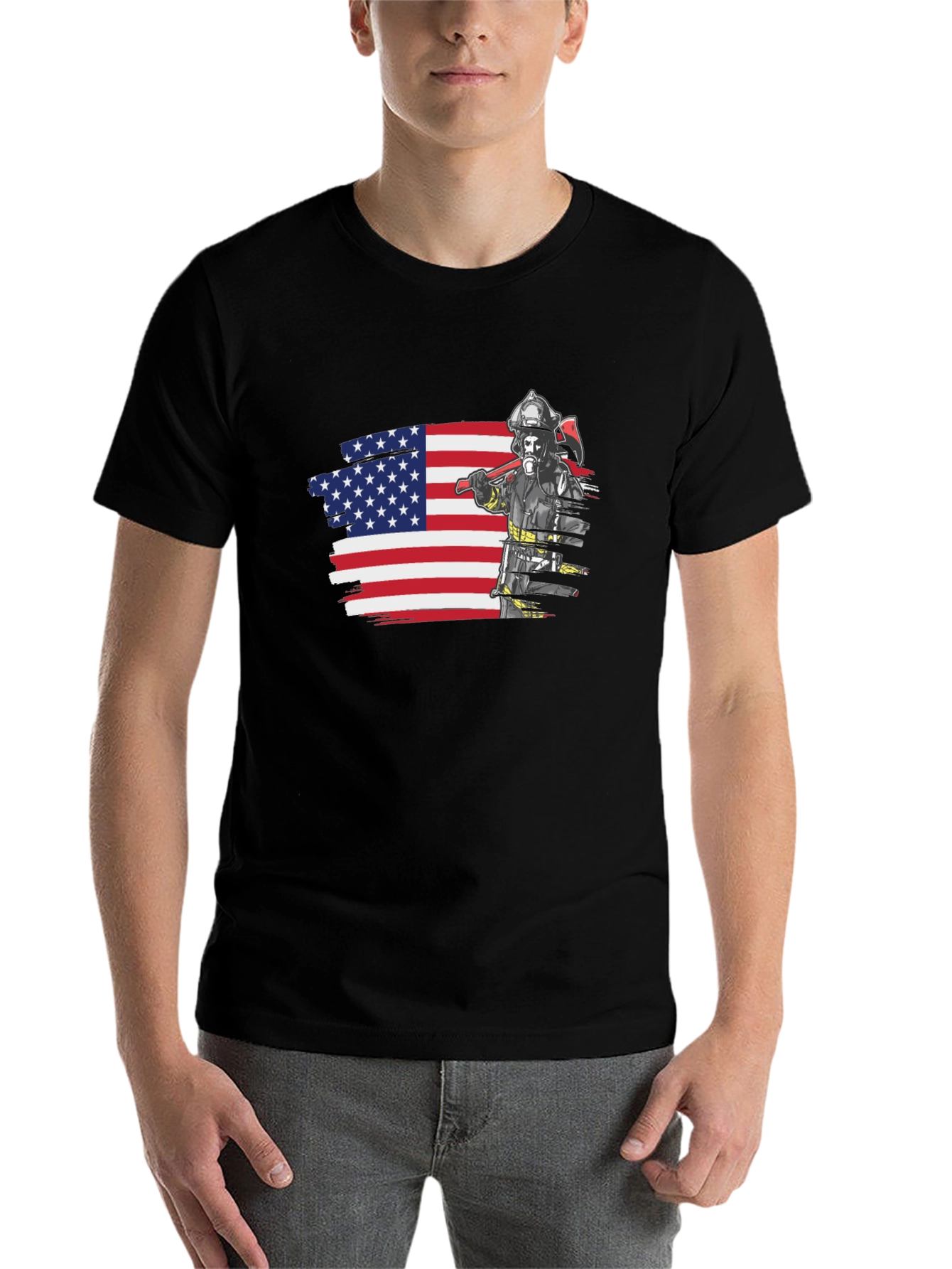 Black Firefighter USA Flag Graphic Tee view 7