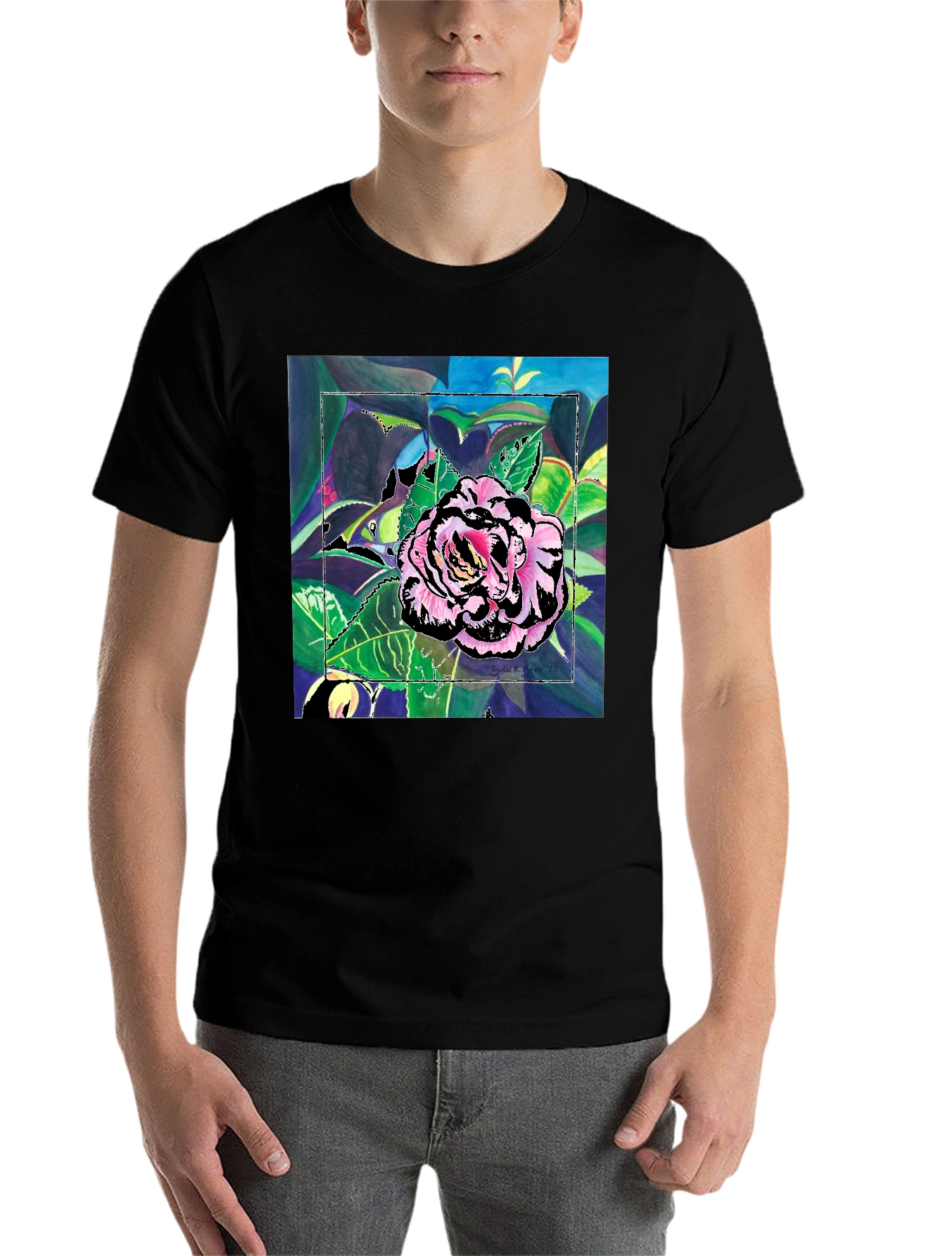 Black Floral Art Print Black T-Shirt view 7