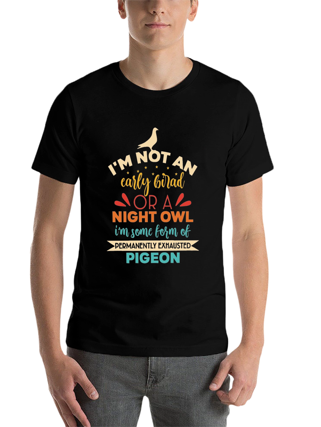 Black Funny Exhausted Pigeon Graphic T-Shirt view 7