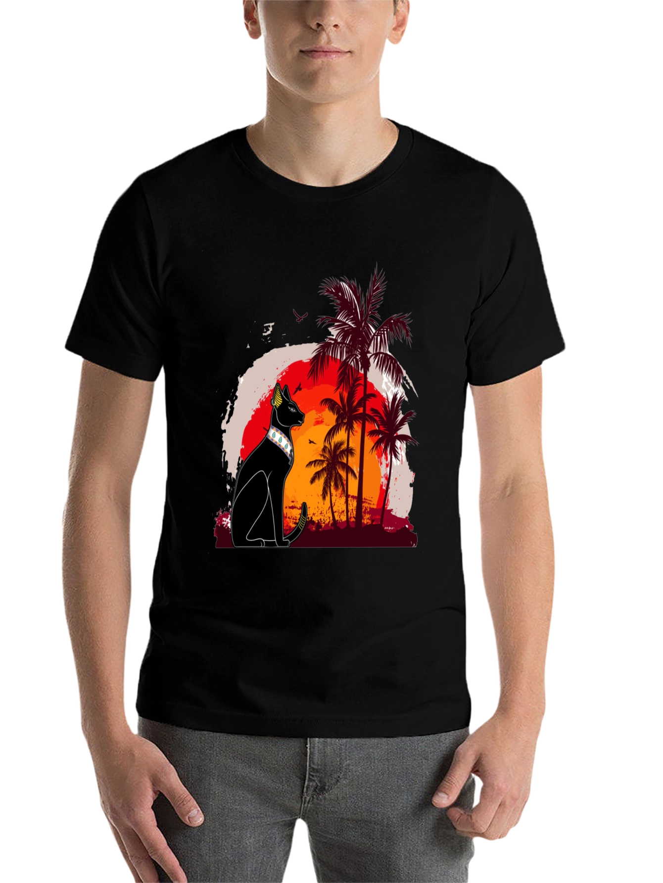 Black Egyptian Cat Palm Sunset Graphic Tee view 7