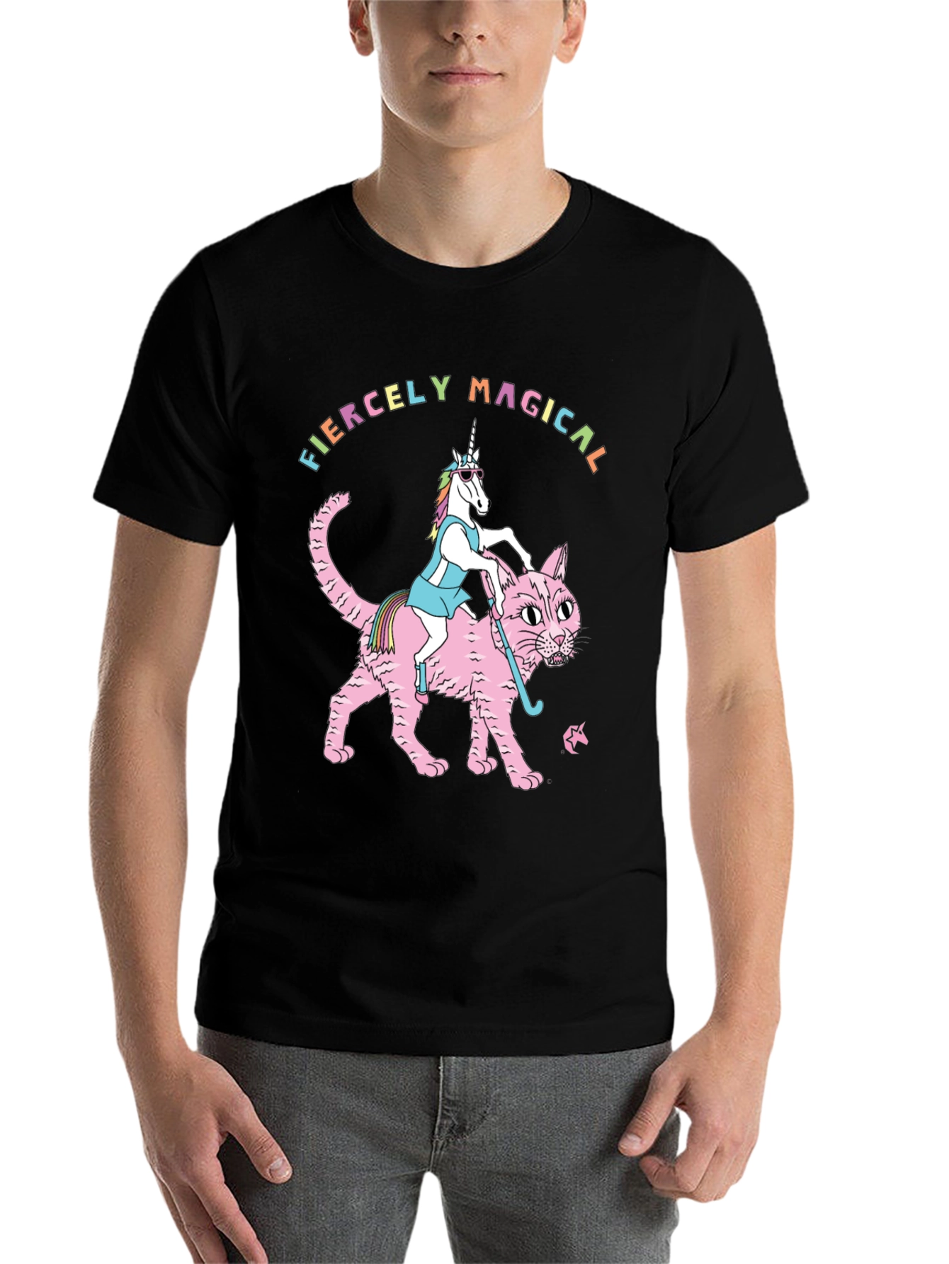 Black Fiercely Magical Unicorn Riding Cat Graphic Tee view 7