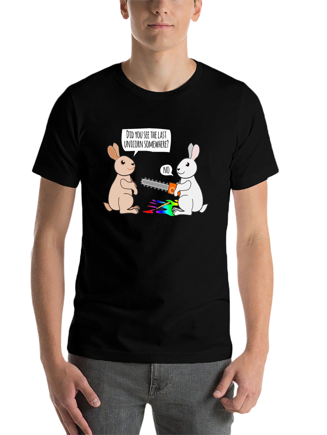 Black Funny Unicorn Rabbit Chainsaw Graphic Tee view 7