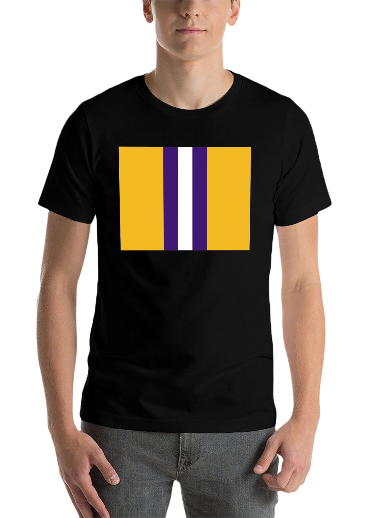 Black Striped Graphic T-Shirt - Gold, Purple, and White Design view 7