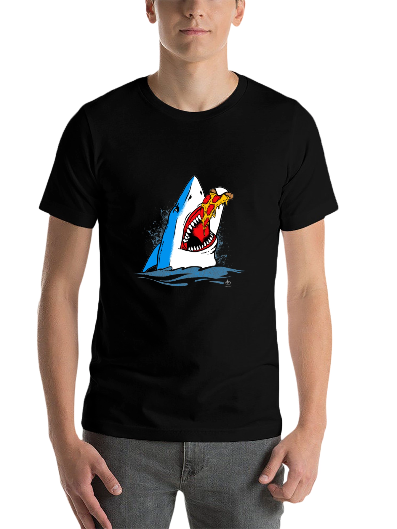 Black Shark Eating Pizza Graphic Tee - Novelty T-Shirt view 7