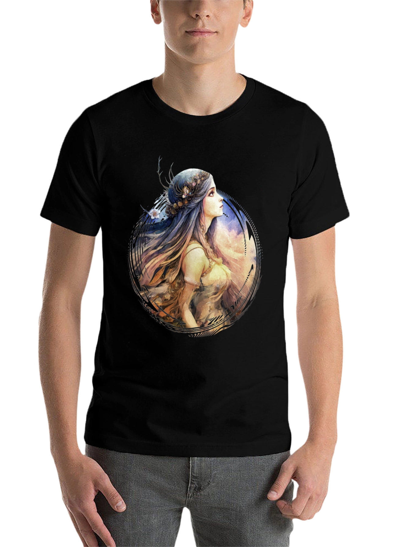 Black Watercolor Woman Portrait Black T-Shirt view 7