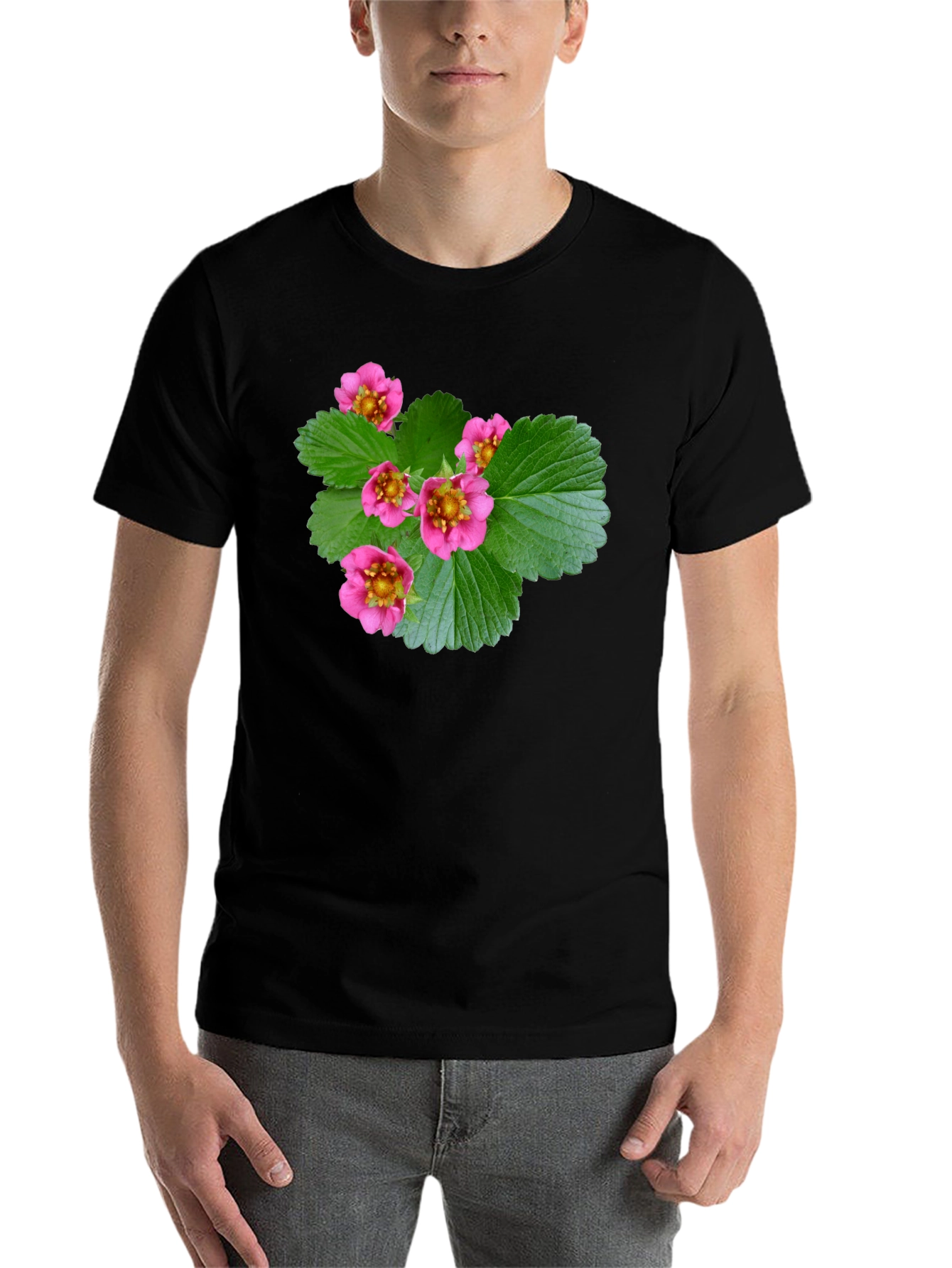 Black Floral Print Black T-Shirt - Nature Inspired Design view 7