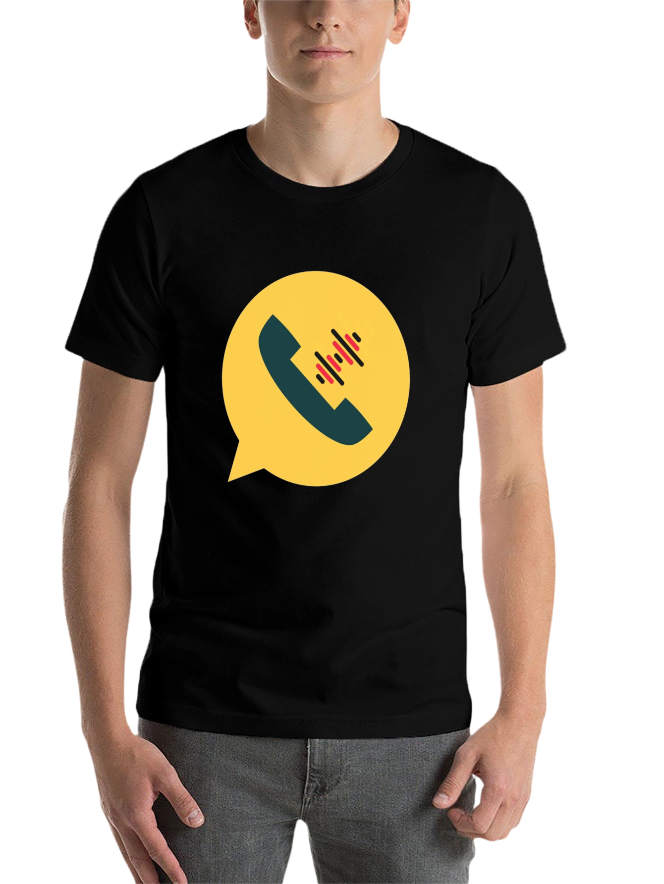 Black Modern Black T-Shirt with Phone Call Graphic view 7