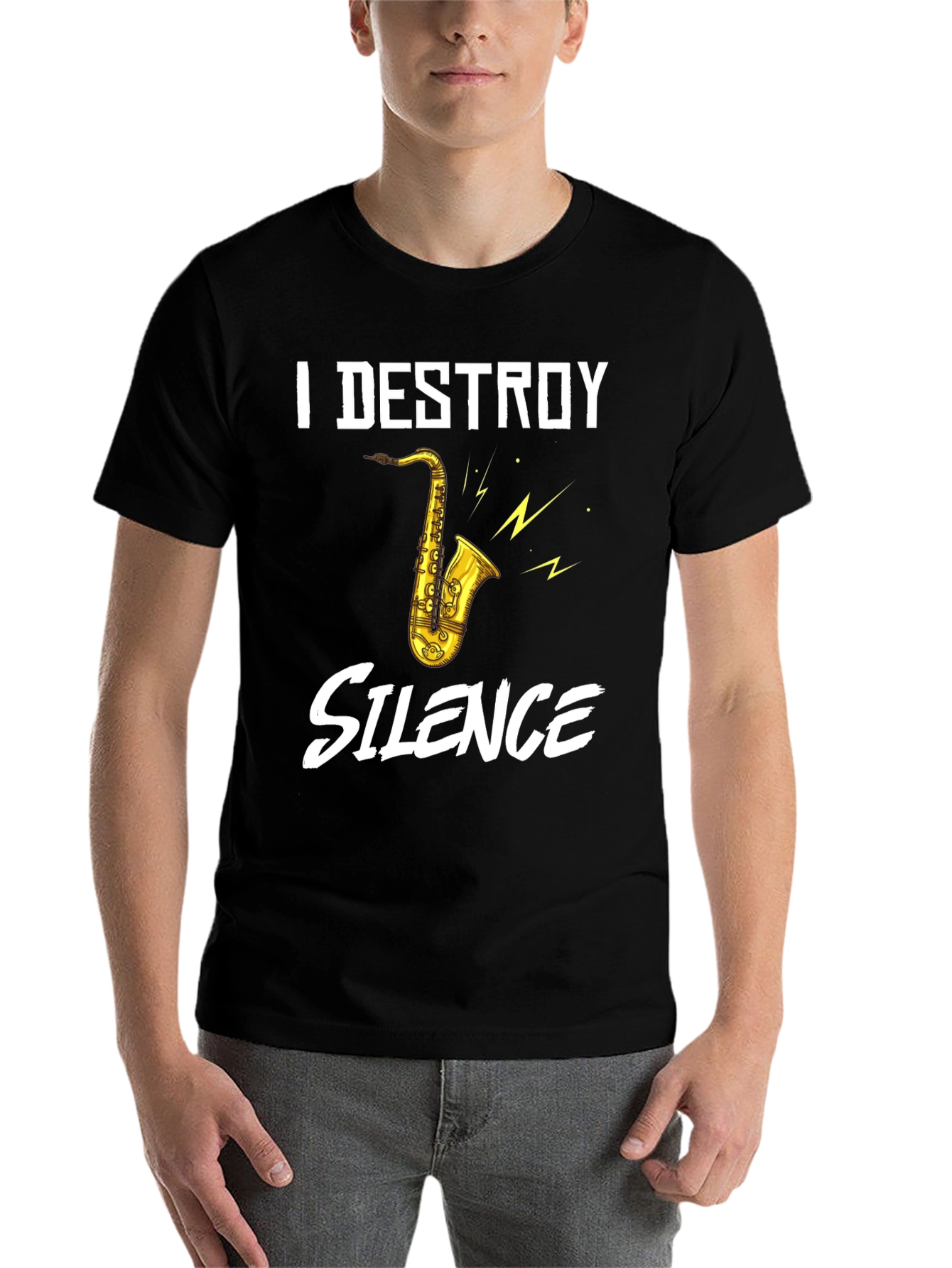 Black I Destroy Silence Saxophone Graphic T-Shirt view 7