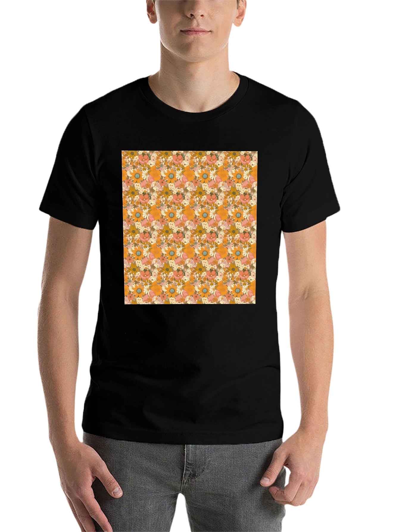 Black Retro Floral Print T-Shirt - Black Crew Neck Tee view 7