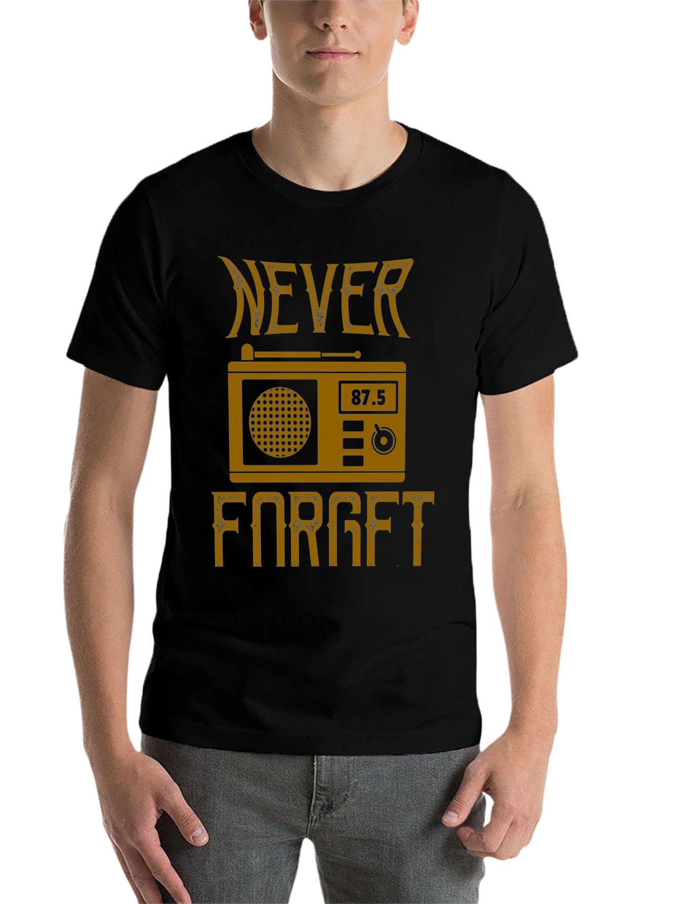 Black Retro Radio 'Never Forget' Graphic T-Shirt view 7