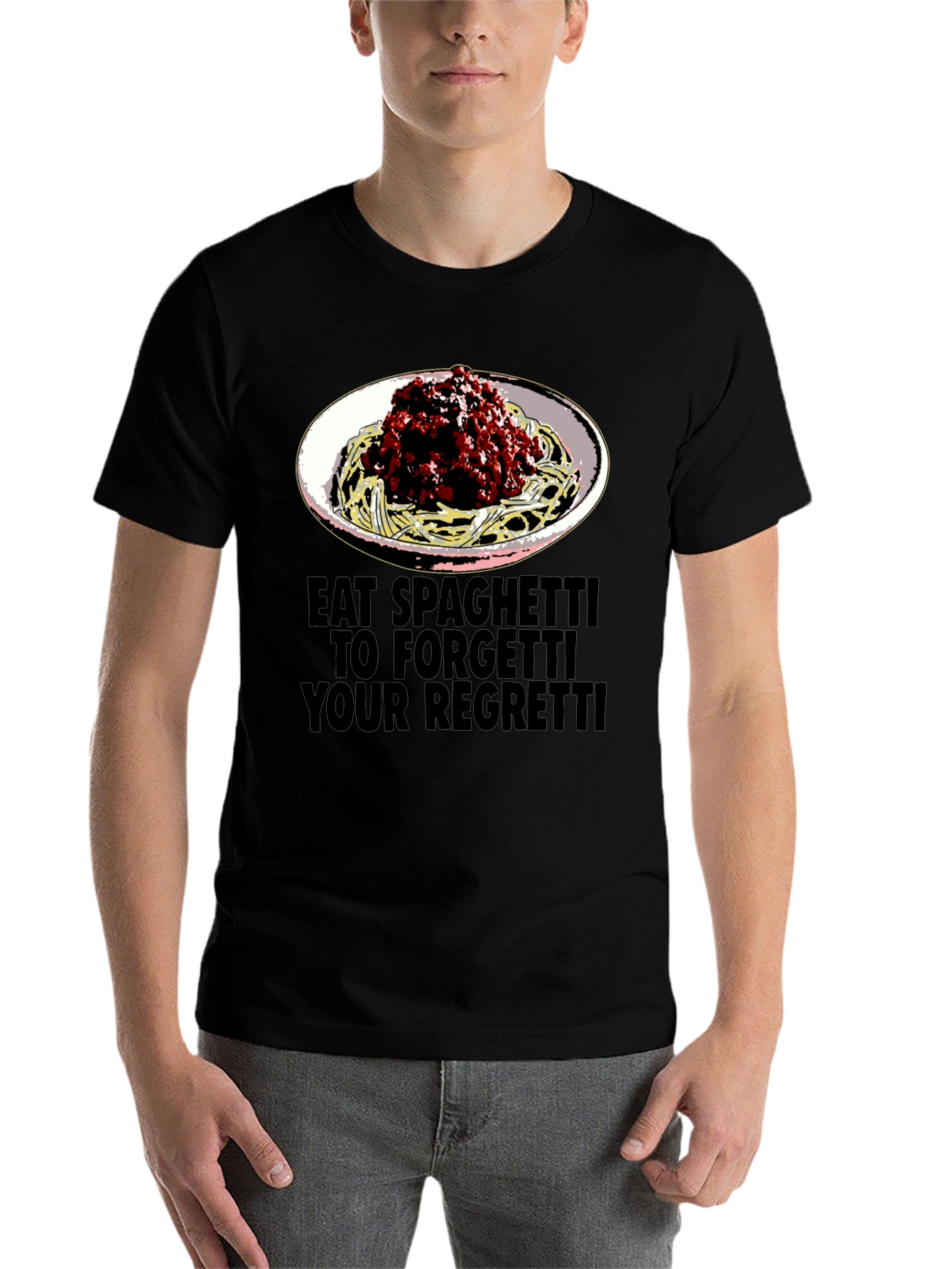 Black Eat Spaghetti T-Shirt: Forget Your Regretti Fun Tee view 7